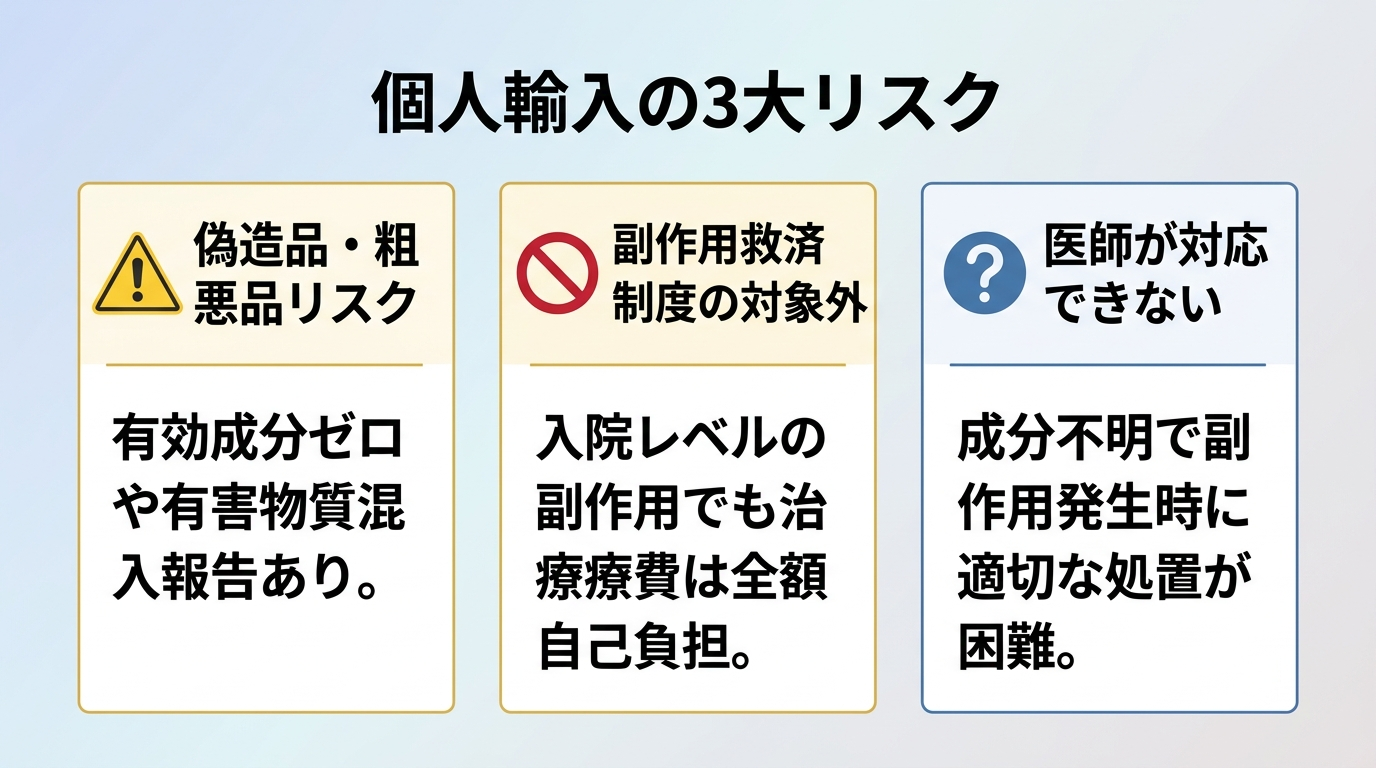 タイトル: 個人輸入の3大リスク。横並び3カードで: カード1(警告アイコン)ヘッダー: 偽造品・粗悪品リスク、説明: 有効成分ゼロや有害物質混入の報告あり。カード2(禁止マークアイコン)ヘッダー: 副作用救済制度の対象外、説明: 入院レベルの副作用でも治療費は全額自己負担。カード3(疑問符アイコン)ヘッダー: 医師が対応できない、説明: 成分不明で副作用発生時に適切な処置が困難