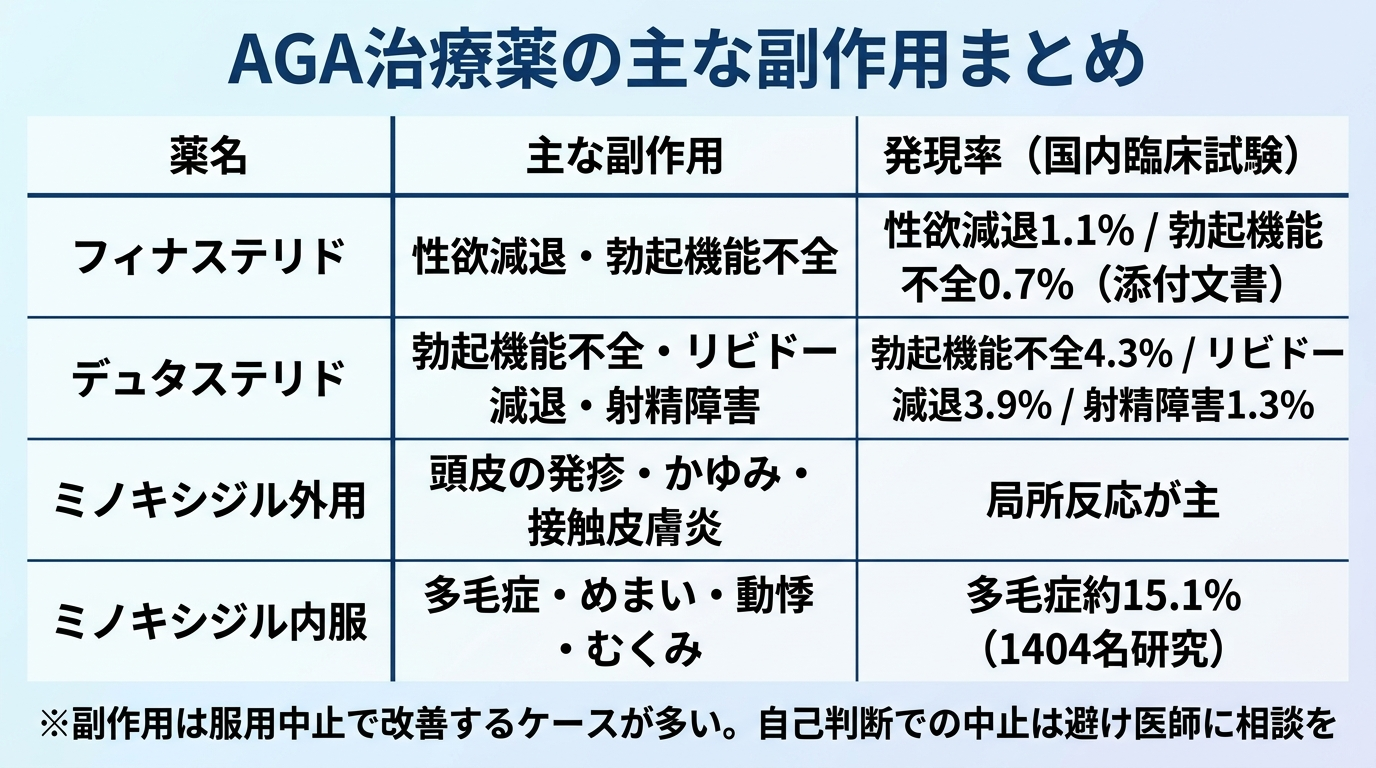 タイトル: AGA治療薬の主な副作用まとめ。3列の表: ヘッダー行: 薬名 | 主な副作用 | 発現率（国内臨床試験）。行1: フィナステリド | 性欲減退・勃起機能不全 | 性欲減退1.1% / 勃起機能不全0.7%（添付文書）。行2: デュタステリド | 勃起機能不全・リビドー減退・射精障害 | 勃起機能不全4.3% / リビドー減退3.9% / 射精障害1.3%。行3: ミノキシジル外用 | 頭皮の発疹・かゆみ・接触皮膚炎 | 局所反応が主。行4: ミノキシジル内服 | 多毛症・めまい・動悸・むくみ | 多毛症約15.1%（1404名研究）。下部注釈: ※副作用は服用中止で改善するケースが多い。自己判断での中止は避け医師に相談を