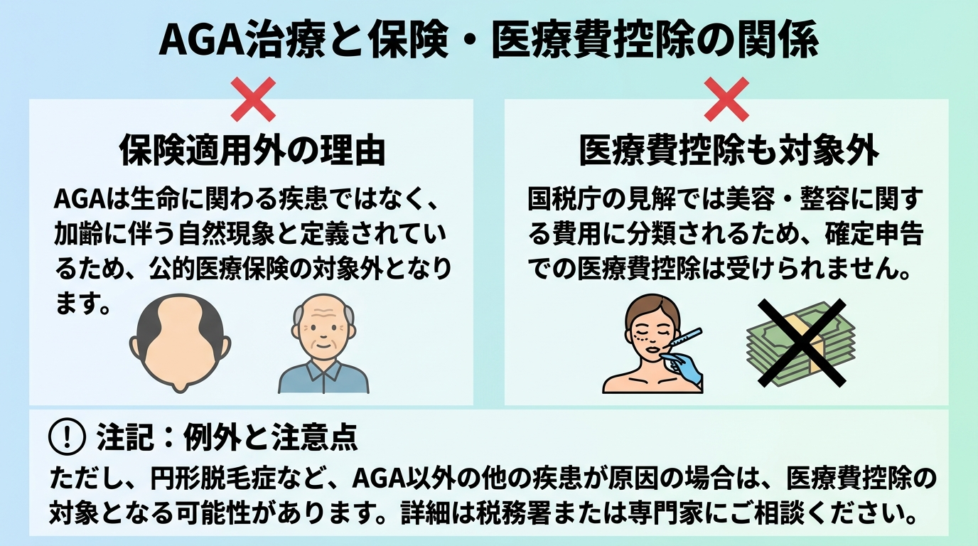 タイトル: AGA治療と保険・医療費控除の関係。2列の比較図: 左側(×マーク付き): 保険適用外の理由 — AGAは生命に関わる疾患ではなく加齢に伴う自然現象と定義されているため、公的医療保険の対象外。右側(×マーク付き): 医療費控除も対象外 — 国税庁の見解では美容・整容に関する費用に分類されるため確定申告での控除不可。下部に注記: ただし円形脱毛症など他の疾患が原因の場合は医療費控除の対象となる可能性あり