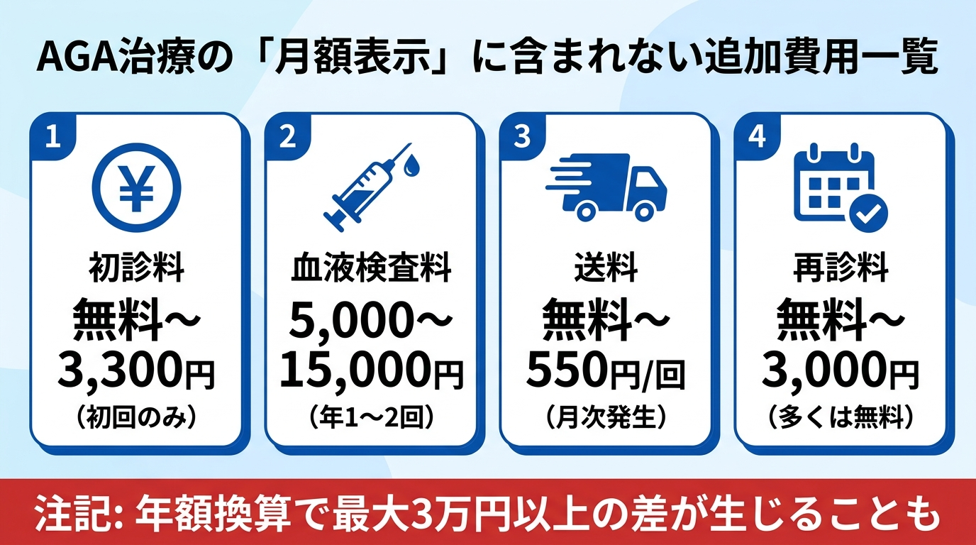タイトル: AGA治療の「月額表示」に含まれない追加費用一覧。カード型4枚横並び: カード1(円マークアイコン): 初診料 — 無料〜3,300円(初回のみ)。カード2(注射器アイコン): 血液検査料 — 5,000〜15,000円(年1〜2回)。カード3(トラックアイコン): 送料 — 無料〜550円/回(月次発生)。カード4(カレンダーアイコン): 再診料 — 無料〜3,000円(多くは無料)。下部に注記: 年額換算で最大3万円以上の差が生じることも