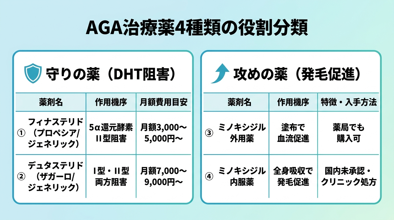 タイトル: AGA治療薬4種類の役割分類。横並び2カラムで: 左カラム（盾アイコン）「守りの薬（DHT阻害）」下に2行: ①フィナステリド（プロペシア/ジェネリック）| 5α還元酵素II型阻害 | 月額3,000〜5,000円〜 ②デュタステリド（ザガーロ/ジェネリック）| I型・II型両方阻害 | 月額7,000〜9,000円〜。右カラム（矢印上昇アイコン）「攻めの薬（発毛促進）」下に2行: ③ミノキシジル外用薬 | 塗布で血流促進 | 薬局でも購入可 ④ミノキシジル内服薬 | 全身吸収で発毛促進 | 国内未承認・クリニック処方