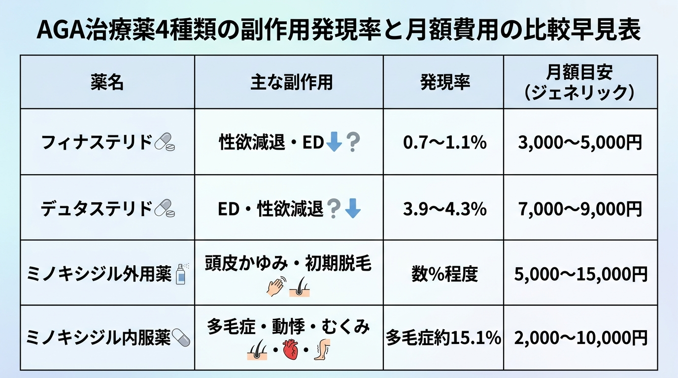 タイトル: AGA治療薬4種類の副作用発現率と月額費用の比較早見表。4列の表: ヘッダー行: 薬名 | 主な副作用 | 発現率 | 月額目安（ジェネリック）。行1: フィナステリド | 性欲減退・ED | 0.7〜1.1% | 3,000〜5,000円。行2: デュタステリド | ED・性欲減退 | 3.9〜4.3% | 7,000〜9,000円。行3: ミノキシジル外用薬 | 頭皮かゆみ・初期脱毛 | 数%程度 | 5,000〜15,000円。行4: ミノキシジル内服薬 | 多毛症・動悸・むくみ | 多毛症約15.1% | 2,000〜10,000円