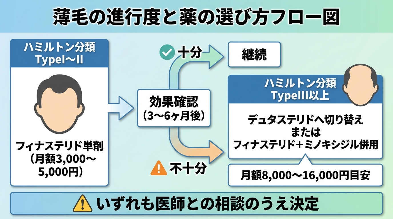 タイトル: 薄毛の進行度と薬の選び方フロー図。ハミルトン分類TypeI〜IIは「フィナステリド単剤（月額3,000〜5,000円）」→ 効果確認（3〜6ヶ月後）→ 十分なら継続、不十分ならTypeIII以降へ。TypeIII以上は「デュタステリドへ切り替え または フィナステリド＋ミノキシジル併用」→ 月額8,000〜16,000円目安。いずれも医師との相談のうえ決定。