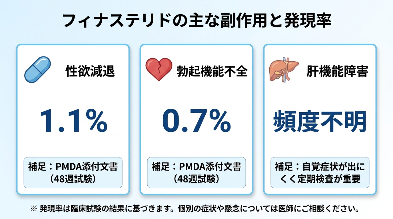 タイトル: フィナステリドの主な副作用と発現率。縦並び3カード。カード1: アイコン(錠剤)、ヘッダー: 性欲減退、数値: 1.1%、補足: PMDA添付文書(48週試験)。カード2: アイコン(ハート)、ヘッダー: 勃起機能不全、数値: 0.7%、補足: PMDA添付文書(48週試験)。カード3: アイコン(肝臓)、ヘッダー: 肝機能障害、数値: 頻度不明、補足: 自覚症状が出にくく定期検査が重要
