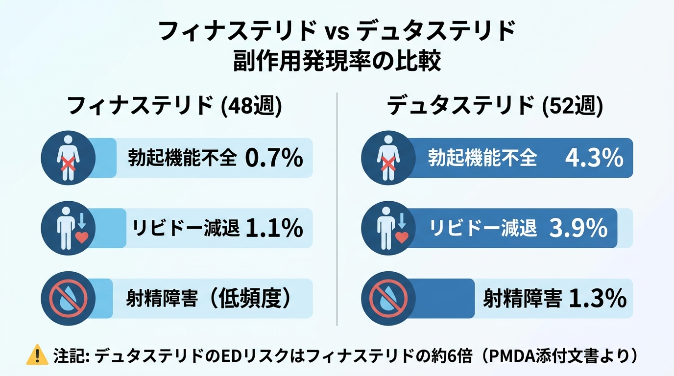 タイトル: フィナステリド vs デュタステリド 副作用発現率の比較。横並び2列の棒グラフ風比較図。左列(フィナステリド48週): 勃起機能不全0.7%、リビドー減退1.1%、射精障害(低頻度)。右列(デュタステリド52週): 勃起機能不全4.3%、リビドー減退3.9%、射精障害1.3%。下部に注記: デュタステリドのEDリスクはフィナステリドの約6倍(PMDA添付文書より)