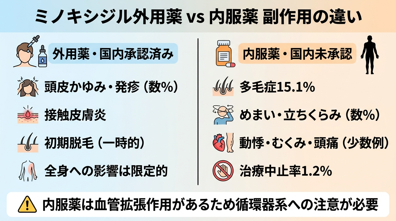 タイトル: ミノキシジル外用薬 vs 内服薬 副作用の違い。左右2分割の比較図。左(外用薬・国内承認済み): 頭皮かゆみ・発疹(数%)、接触皮膚炎、初期脱毛(一時的)、全身への影響は限定的。右(内服薬・国内未承認): 多毛症15.1%、めまい・立ちくらみ(数%)、動悸・むくみ・頭痛(少数例)、治療中止率1.2%。下部注記: 内服薬は血管拡張作用があるため循環器系への注意が必要
