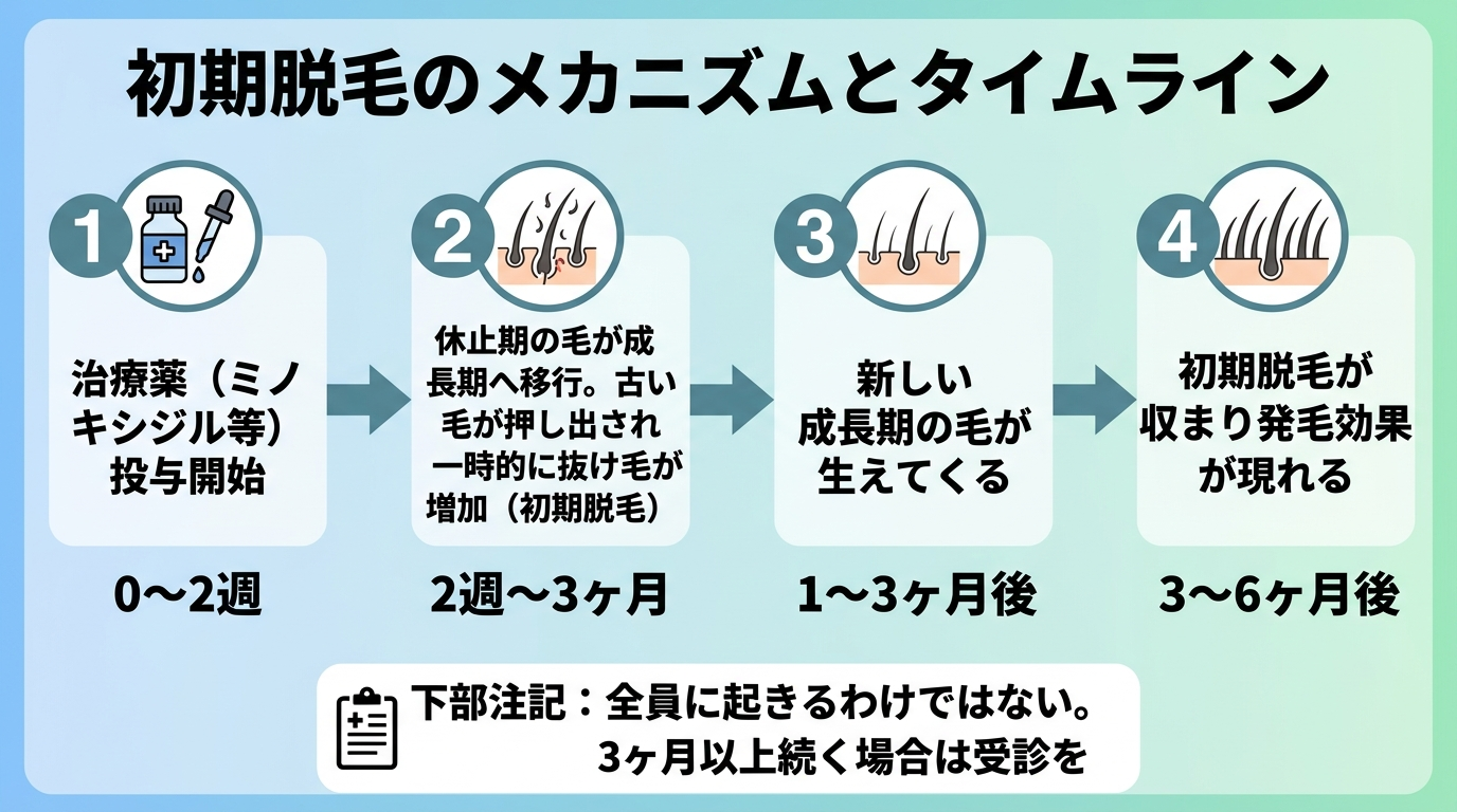 タイトル: 初期脱毛のメカニズムとタイムライン。横並びフロー図(4ステップ)。ステップ1(0〜2週): 治療薬(ミノキシジル等)投与開始。ステップ2(2週〜3ヶ月): 休止期の毛が成長期へ移行。古い毛が押し出され一時的に抜け毛が増加(初期脱毛)。ステップ3(1〜3ヶ月後): 新しい成長期の毛が生えてくる。ステップ4(3〜6ヶ月後): 初期脱毛が収まり発毛効果が現れる。下部注記: 全員に起きるわけではない。3ヶ月以上続く場合は受診を