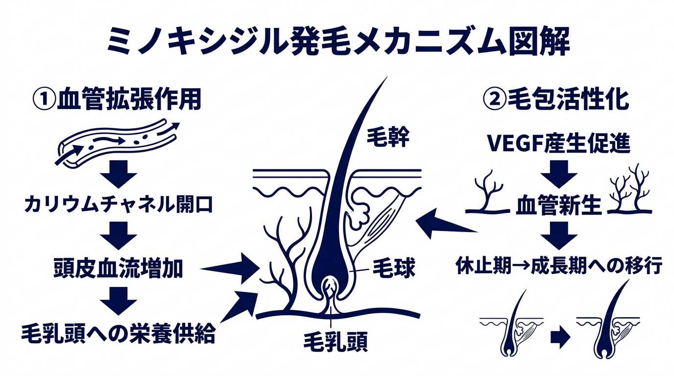 ミノキシジルの発毛メカニズム図解。左側: 血管拡張作用(カリウムチャネル開口→頭皮血流増加→毛乳頭への栄養供給)、右側: 毛包活性化(VEGF産生促進→血管新生→休止期→成長期への移行)。中央に毛包の断面イラスト。背景白、文字は濃紺。