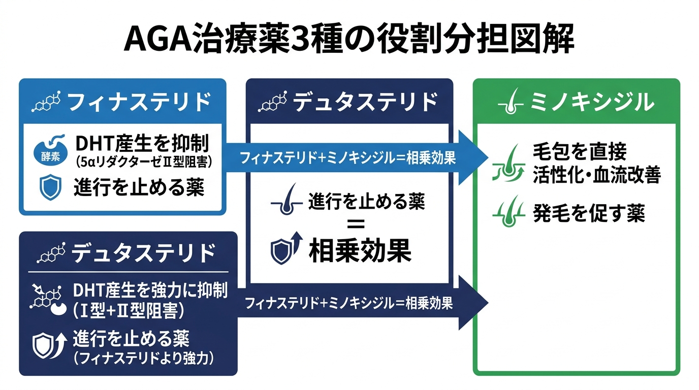 AGA治療薬3種の役割分担図解。横並び3ブロック構成。ブロック1(青): フィナステリド / DHT産生を抑制(5αリダクターゼⅡ型阻害)/ 進行を止める薬。ブロック2(紺): デュタステリド / DHT産生を強力に抑制(Ⅰ型+Ⅱ型阻害)/ 進行を止める薬(フィナステリドより強力)。ブロック3(緑): ミノキシジル / 毛包を直接活性化・血流改善 / 発毛を促す薬。矢印で「フィナステリド+ミノキシジル=相乗効果」を示す。背景白。