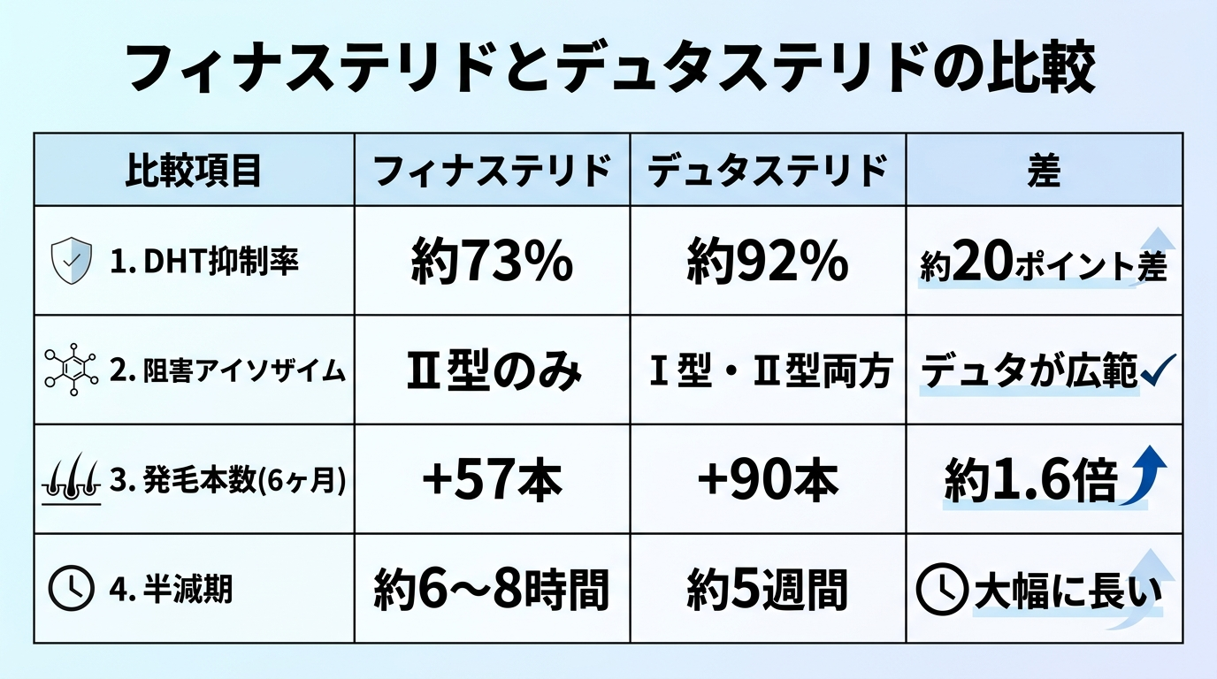 タイトル: フィナステリドとデュタステリドの比較。4列の表: ヘッダー行: 比較項目 | フィナステリド | デュタステリド | 差. 行1: DHT抑制率 | 約73% | 約92% | 約20ポイント差. 行2: 阻害アイソザイム | Ⅱ型のみ | Ⅰ型・Ⅱ型両方 | デュタが広範. 行3: 発毛本数(6ヶ月) | +57本 | +90本 | 約1.6倍. 行4: 半減期 | 約6〜8時間 | 約5週間 | 大幅に長い