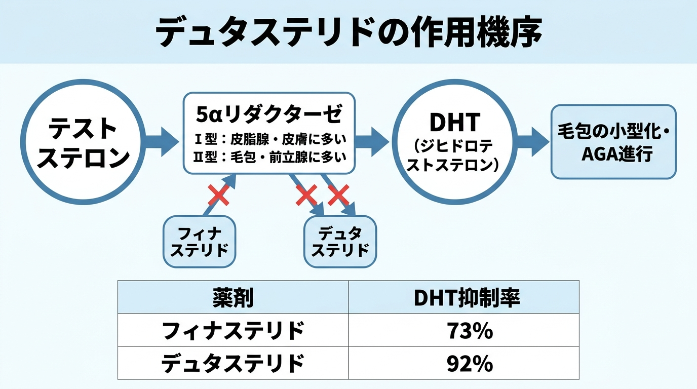タイトル: デュタステリドの作用機序。フロー図: テストステロン → 5αリダクターゼ（Ⅰ型：皮脂腺・皮膚に多い / Ⅱ型：毛包・前立腺に多い） → DHT（ジヒドロテストステロン） → 毛包の小型化・AGA進行。フィナステリドはⅡ型のみブロック（矢印に×印）。デュタステリドはⅠ型・Ⅱ型両方をブロック（両矢印に×印）。DHT抑制率の比較: フィナステリド73% vs デュタステリド92%