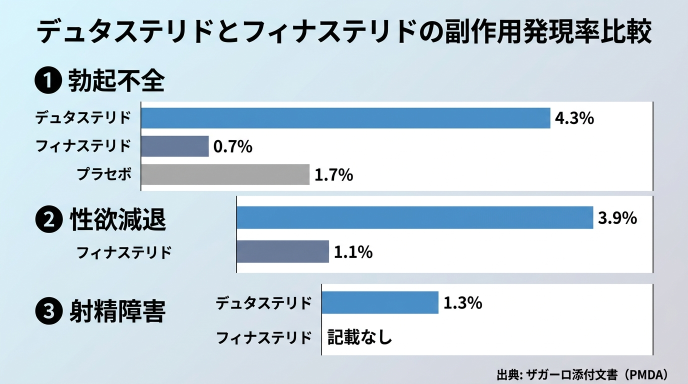 タイトル: デュタステリドとフィナステリドの副作用発現率比較。横並び棒グラフ形式: 副作用1: 勃起不全 — デュタステリド4.3% vs フィナステリド0.7% vs プラセボ1.7%. 副作用2: 性欲減退 — デュタステリド3.9% vs フィナステリド1.1%. 副作用3: 射精障害 — デュタステリド1.3% vs フィナステリド記載なし. 出典: ザガーロ添付文書（PMDA）