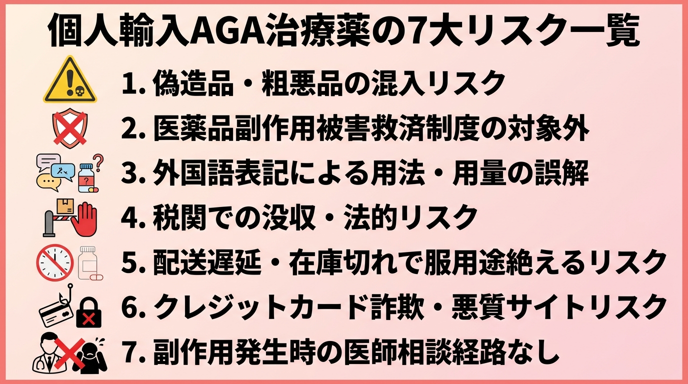 タイトル: 個人輸入AGA治療薬の7大リスク一覧。縦並びリスト形式(番号付き): 1. 偽造品・粗悪品の混入リスク(アイコン: 危険マーク)、2. 医薬品副作用被害救済制度の対象外(アイコン: 盾に×マーク)、3. 外国語表記による用法・用量の誤解(アイコン: 言語バリア)、4. 税関での没収・法的リスク(アイコン: 税関ゲート)、5. 配送遅延・在庫切れで服用途絶えるリスク(アイコン: 時計)、6. クレジットカード詐欺・悪質サイトリスク(アイコン: フィッシング)、7. 副作用発生時の医師相談経路なし(アイコン: 医師×)。背景色: 薄い赤系