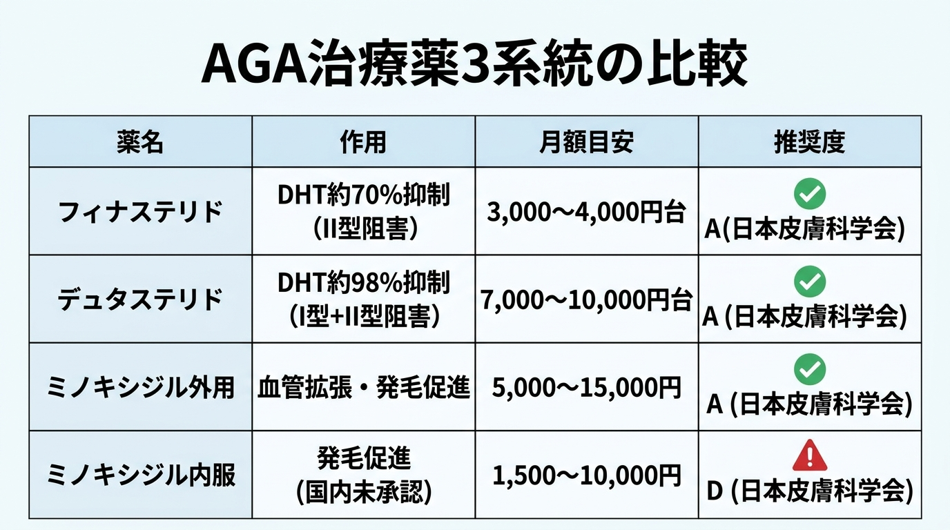 タイトル: AGA治療薬3系統の比較。4列の表: ヘッダー行: 薬名 | 作用 | 月額目安 | 推奨度。行1: フィナステリド | DHT約70%抑制(II型阻害) | 3,000〜4,000円台 | A(日本皮膚科学会)。行2: デュタステリド | DHT約98%抑制(I型+II型阻害) | 7,000〜10,000円台 | A(日本皮膚科学会)。行3: ミノキシジル外用 | 血管拡張・発毛促進 | 5,000〜15,000円 | A(日本皮膚科学会)。行4: ミノキシジル内服 | 発毛促進(国内未承認) | 1,500〜10,000円 | D(日本皮膚科学会)