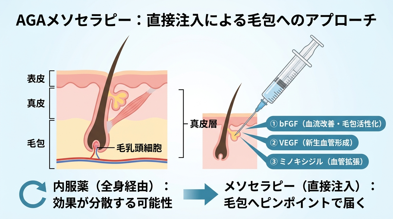 AGAメソセラピーの仕組みを示すイラスト。左側に頭皮断面図: 表皮→真皮→毛包(毛乳頭細胞)の構造。右側に注射針が真皮層へ成分を注入している様子。注入される成分ラベル: bFGF(血流改善・毛包活性化)、VEGF(新生血管形成)、ミノキシジル(血管拡張)。矢印で「内服薬(全身経由)」と「メソセラピー(直接注入)」の違いを対比