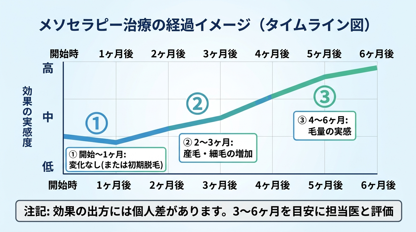 メソセラピー治療の経過イメージを示すタイムライン図。横軸: 開始時〜6ヶ月後。縦軸: 効果の実感度(低→高)。折れ線グラフで: 開始〜1ヶ月は変化なし(または初期脱毛)、2〜3ヶ月で産毛・細毛の増加、4〜6ヶ月で毛量の実感。下部に注記: 「効果の出方には個人差があります。3〜6ヶ月を目安に担当医と評価」