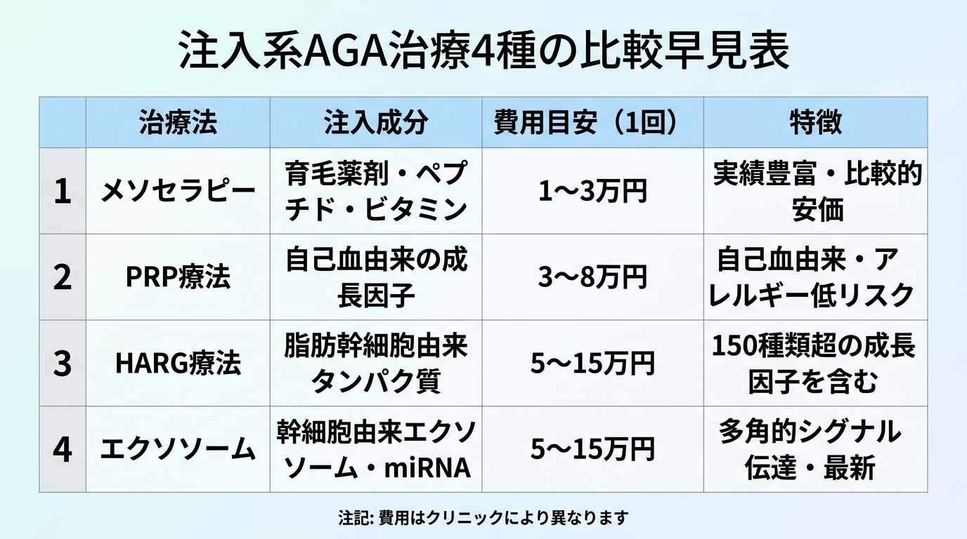 タイトル: 注入系AGA治療4種の比較早見表。4列の表: ヘッダー行: 治療法 | 注入成分 | 費用目安（1回） | 特徴。行1: メソセラピー | 育毛薬剤・ペプチド・ビタミン | 1〜3万円 | 実績豊富・比較的安価。行2: PRP療法 | 自己血由来の成長因子 | 3〜8万円 | 自己血由来・アレルギー低リスク。行3: HARG療法 | 脂肪幹細胞由来タンパク質 | 5〜15万円 | 150種類超の成長因子を含む。行4: エクソソーム | 幹細胞由来エクソソーム・miRNA | 5〜15万円 | 多角的シグナル伝達・最新。下部に注記: 費用はクリニックにより異なります
