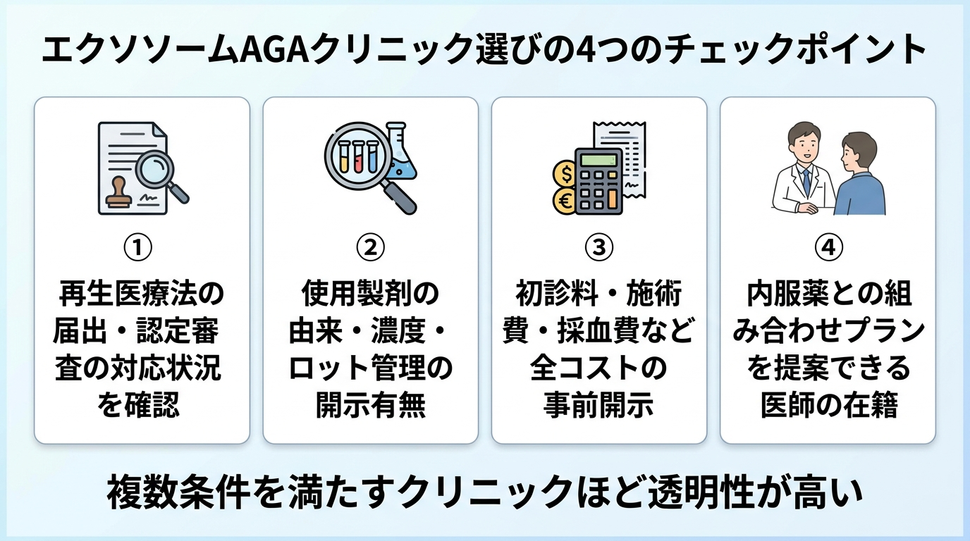 タイトル: エクソソームAGAクリニック選びの4つのチェックポイント。縦並び4カード: カード1（書類アイコン）「①再生医療法の届出・認定審査の対応状況を確認」。カード2（拡大鏡アイコン）「②使用製剤の由来・濃度・ロット管理の開示有無」。カード3（電卓アイコン）「③初診料・施術費・採血費など全コストの事前開示」。カード4（医師アイコン）「④内服薬との組み合わせプランを提案できる医師の在籍」。下部に一言: 複数条件を満たすクリニックほど透明性が高い