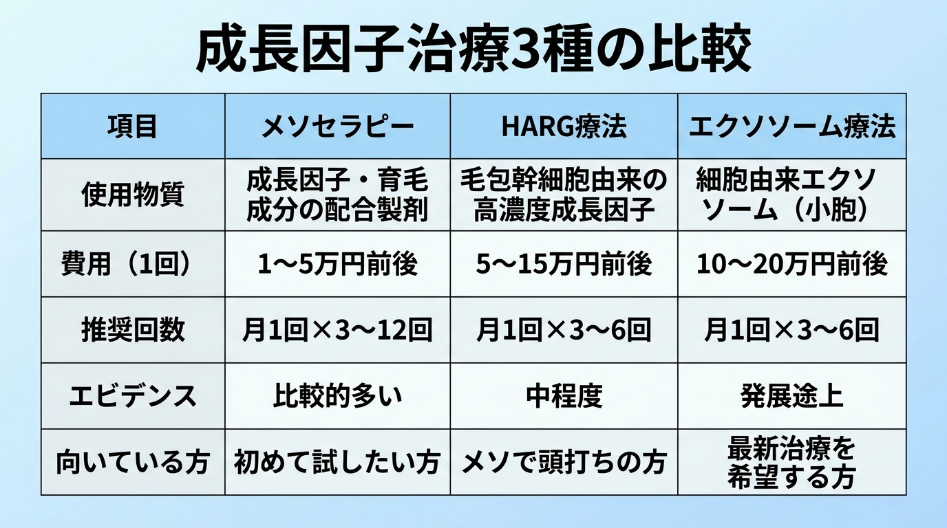 タイトル: 成長因子治療3種の比較。4列6行の表。ヘッダー行: 項目 | メソセラピー | HARG療法 | エクソソーム療法。行1: 使用物質 | 成長因子・育毛成分の配合製剤 | 毛包幹細胞由来の高濃度成長因子 | 細胞由来エクソソーム(小胞)。行2: 費用(1回) | 1〜5万円前後 | 5〜15万円前後 | 10〜20万円前後。行3: 推奨回数 | 月1回×3〜12回 | 月1回×3〜6回 | 月1回×3〜6回。行4: エビデンス | 比較的多い | 中程度 | 発展途上。行5: 向いている方 | 初めて試したい方 | メソで頭打ちの方 | 最新治療を希望する方