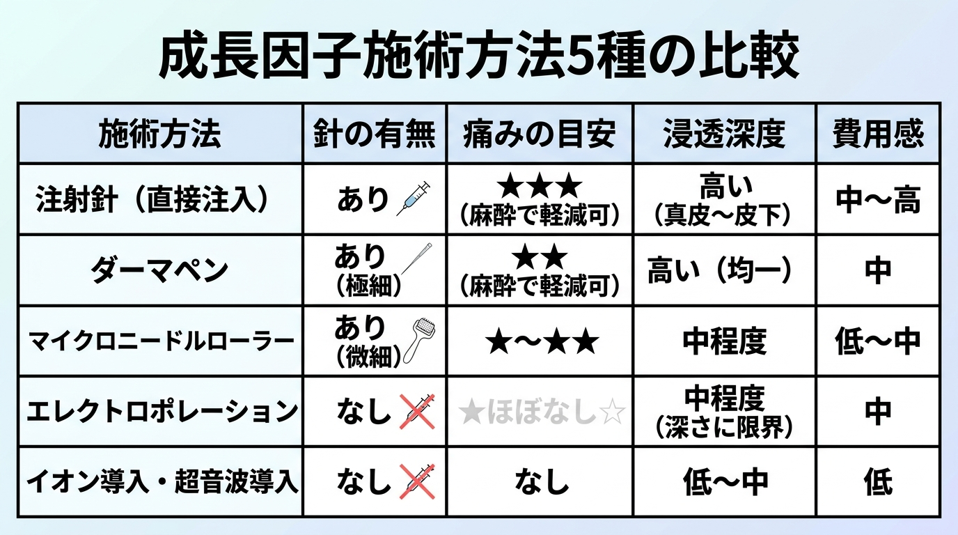 タイトル: 成長因子施術方法5種の比較。5列5行の表。ヘッダー行: 施術方法 | 針の有無 | 痛みの目安 | 浸透深度 | 費用感。行1: 注射針(直接注入) | あり | ★★★(麻酔で軽減可) | 高い(真皮〜皮下) | 中〜高。行2: ダーマペン | あり(極細) | ★★(麻酔で軽減可) | 高い(均一) | 中。行3: マイクロニードルローラー | あり(微細) | ★〜★★ | 中程度 | 低〜中。行4: エレクトロポレーション | なし | ほぼなし | 中程度(深さに限界) | 中。行5: イオン導入・超音波導入 | なし | なし | 低〜中 | 低