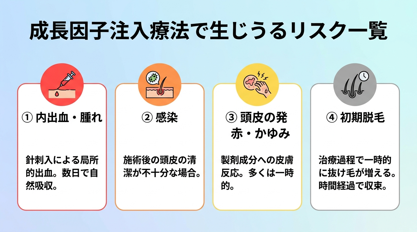 タイトル: 成長因子注入療法で生じうるリスク一覧。縦4行のリスト形式カード。カード1(赤アイコン): 内出血・腫れ — 針刺入による局所的出血。数日で自然吸収。カード2(オレンジアイコン): 感染 — 施術後の頭皮の清潔が不十分な場合。カード3(黄アイコン): 頭皮の発赤・かゆみ — 製剤成分への皮膚反応。多くは一時的。カード4(グレーアイコン): 初期脱毛 — 治療過程で一時的に抜け毛が増える。時間経過で収束
