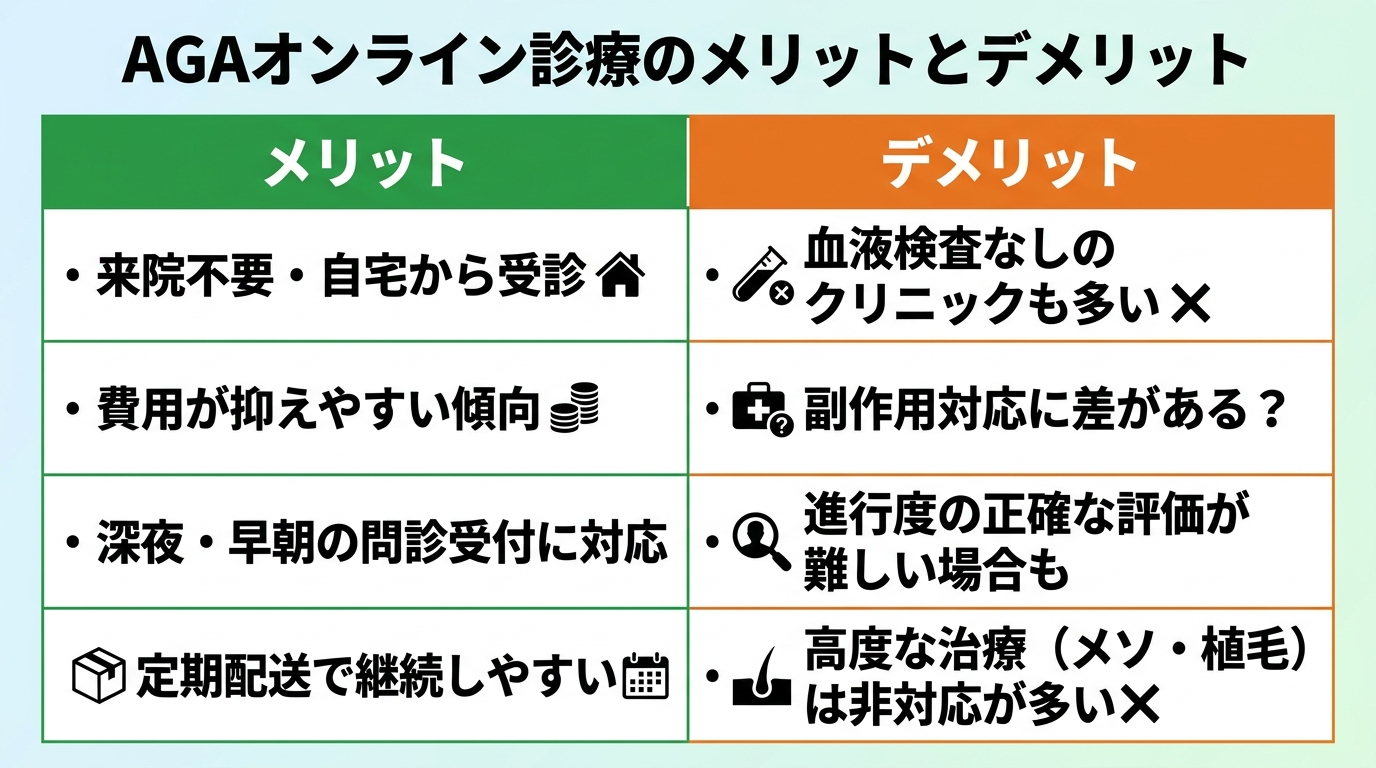 タイトル: AGAオンライン診療のメリットとデメリット。左右2列の表: 左列ヘッダー: メリット（緑背景）、右列ヘッダー: デメリット（オレンジ背景）。行1: 来院不要・自宅から受診 | 血液検査なしのクリニックも多い。行2: 費用が抑えやすい傾向 | 副作用対応に差がある。行3: 深夜・早朝の問診受付に対応 | 進行度の正確な評価が難しい場合も。行4: 定期配送で継続しやすい | 高度な治療（メソ・植毛）は非対応が多い