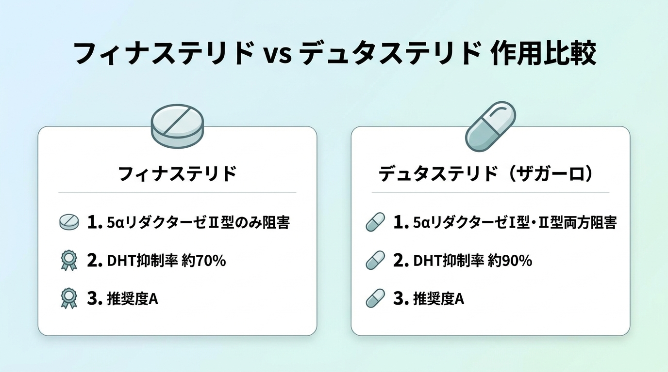 タイトル: フィナステリド vs デュタステリド 作用比較。横並び2カードで: カード1（錠剤アイコン）ヘッダー: フィナステリド、説明: 5αリダクターゼⅡ型のみ阻害 / DHT抑制率 約70% / 推奨度A。カード2（カプセルアイコン）ヘッダー: デュタステリド（ザガーロ）、説明: 5αリダクターゼⅠ型・Ⅱ型両方阻害 / DHT抑制率 約90% / 推奨度A
