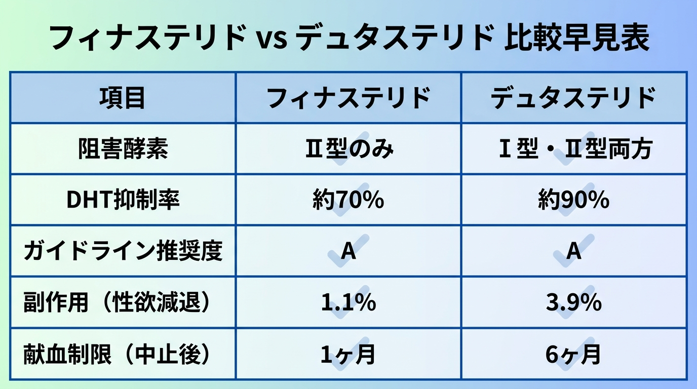 タイトル: フィナステリド vs デュタステリド 比較早見表。5列の表: ヘッダー行: 項目 | フィナステリド | デュタステリド。行1: 阻害酵素 | Ⅱ型のみ | Ⅰ型・Ⅱ型両方。行2: DHT抑制率 | 約70% | 約90%。行3: ガイドライン推奨度 | A | A。行4: 副作用（性欲減退） | 1.1% | 3.9%。行5: 献血制限（中止後） | 1ヶ月 | 6ヶ月