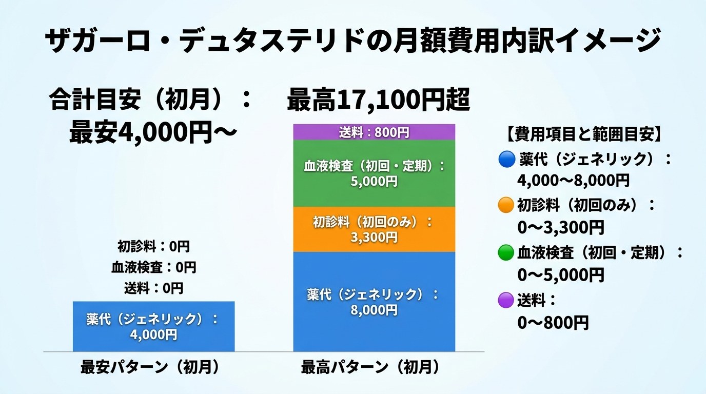 タイトル: ザガーロ・デュタステリドの月額費用内訳イメージ。円グラフまたは積み上げ棒グラフ: 薬代（ジェネリック）4,000〜8,000円 / 初診料（初回のみ）0〜3,300円 / 血液検査（初回・定期）0〜5,000円 / 送料 0〜800円。合計目安（初月）: 最安4,000円〜 / 最高17,000円超
