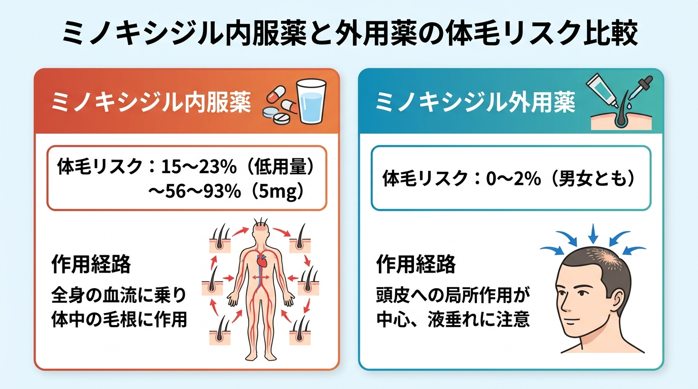 タイトル: ミノキシジル内服薬と外用薬の体毛リスク比較。2列カード形式。カード1（内服薬）: アイコン=錠剤、ヘッダー=ミノキシジル内服薬、体毛リスク: 15〜23%（低用量）〜56〜93%（5mg）、作用経路: 全身の血流に乗り体中の毛根に作用。カード2（外用薬）: アイコン=チューブ、ヘッダー=ミノキシジル外用薬、体毛リスク: 0〜2%（男女とも）、作用経路: 頭皮への局所作用が中心、液垂れに注意