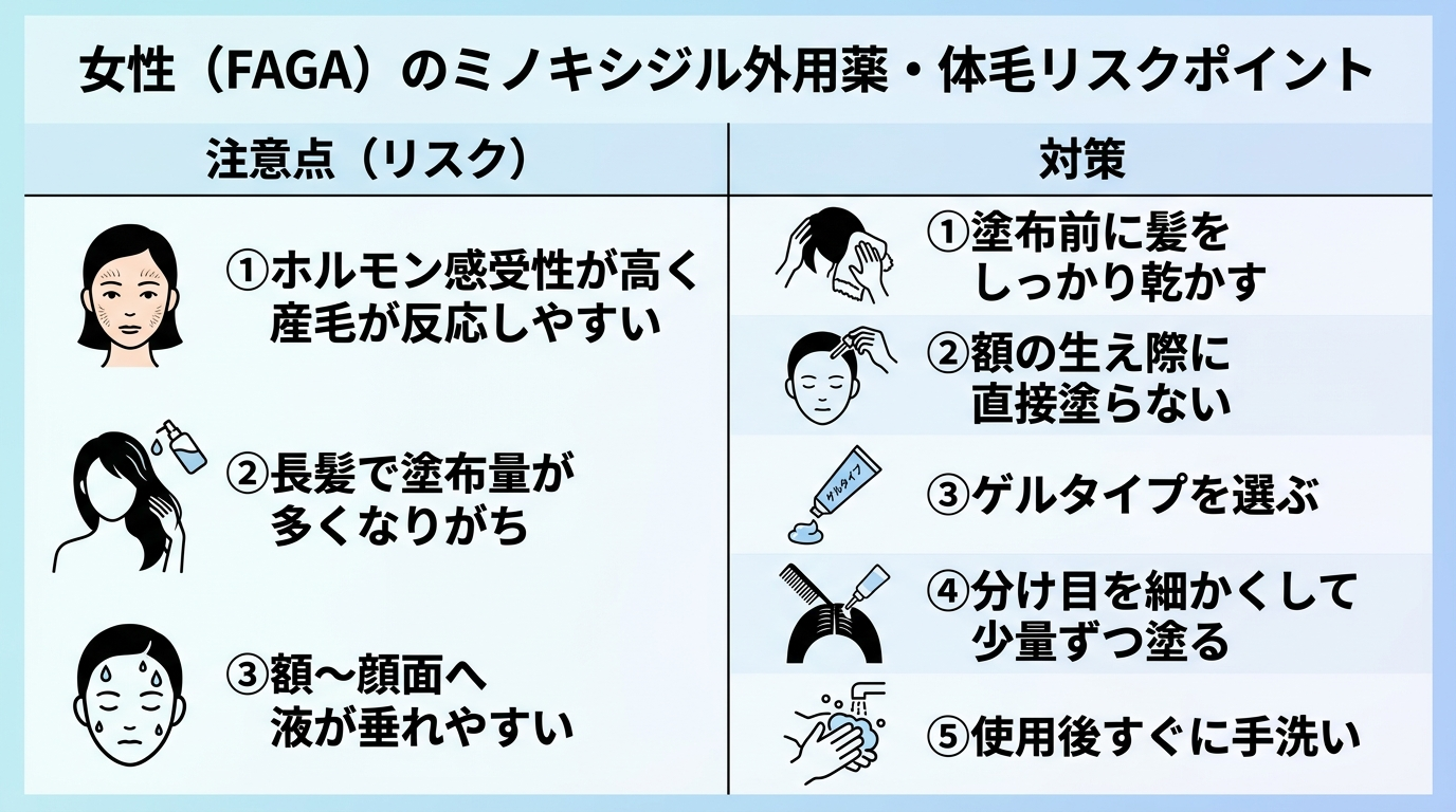 タイトル: 女性（FAGA）のミノキシジル外用薬・体毛リスクポイント。2列レイアウト。左列（注意点）: ①ホルモン感受性が高く産毛が反応しやすい ②長髪で塗布量が多くなりがち ③額〜顔面へ液が垂れやすい。右列（対策）: ①塗布前に髪をしっかり乾かす ②額の生え際に直接塗らない ③ゲルタイプを選ぶ ④分け目を細かくして少量ずつ塗る ⑤使用後すぐに手洗い