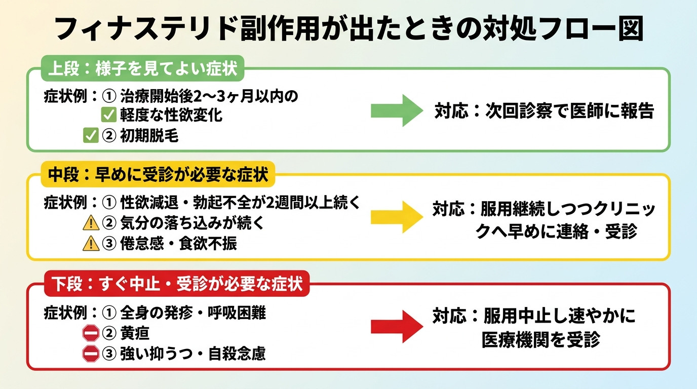 タイトル: フィナステリド副作用が出たときの対処フロー図。3段階のフローチャート。上段（緑色）: 様子を見てよい症状。例: 治療開始後2〜3ヶ月以内の軽度な性欲変化・初期脱毛。対応: 次回診察で医師に報告。中段（黄色）: 早めに受診が必要な症状。例: 性欲減退・勃起不全が2週間以上続く・気分の落ち込みが続く・倦怠感・食欲不振。対応: 服用継続しつつクリニックへ早めに連絡・受診。下段（赤色）: すぐ中止・受診が必要な症状。例: 全身の発疹・呼吸困難・黄疸・強い抑うつ・自殺念慮。対応: 服用中止し速やかに医療機関を受診