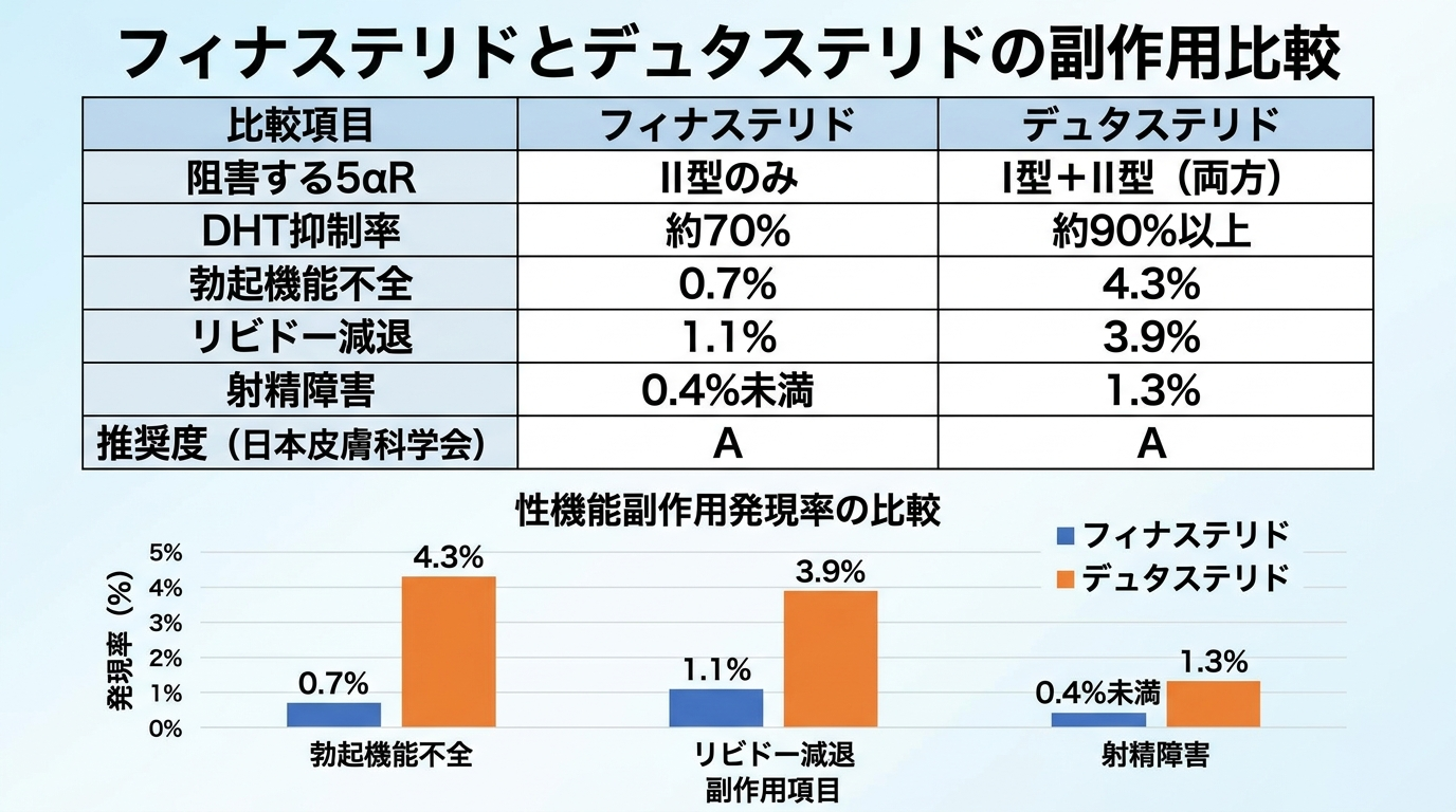 タイトル: フィナステリドとデュタステリドの副作用比較。4列の比較表。ヘッダー: 比較項目 | フィナステリド | デュタステリド。行1: 阻害する5αR | II型のみ | I型＋II型（両方）。行2: DHT抑制率 | 約70% | 約90%以上。行3: 勃起機能不全 | 0.7% | 4.3%。行4: リビドー減退 | 1.1% | 3.9%。行5: 射精障害 | 0.4%未満 | 1.3%。行6: 推奨度（日本皮膚科学会） | A | A。グラフ: 棒グラフで性機能副作用発現率を視覚比較