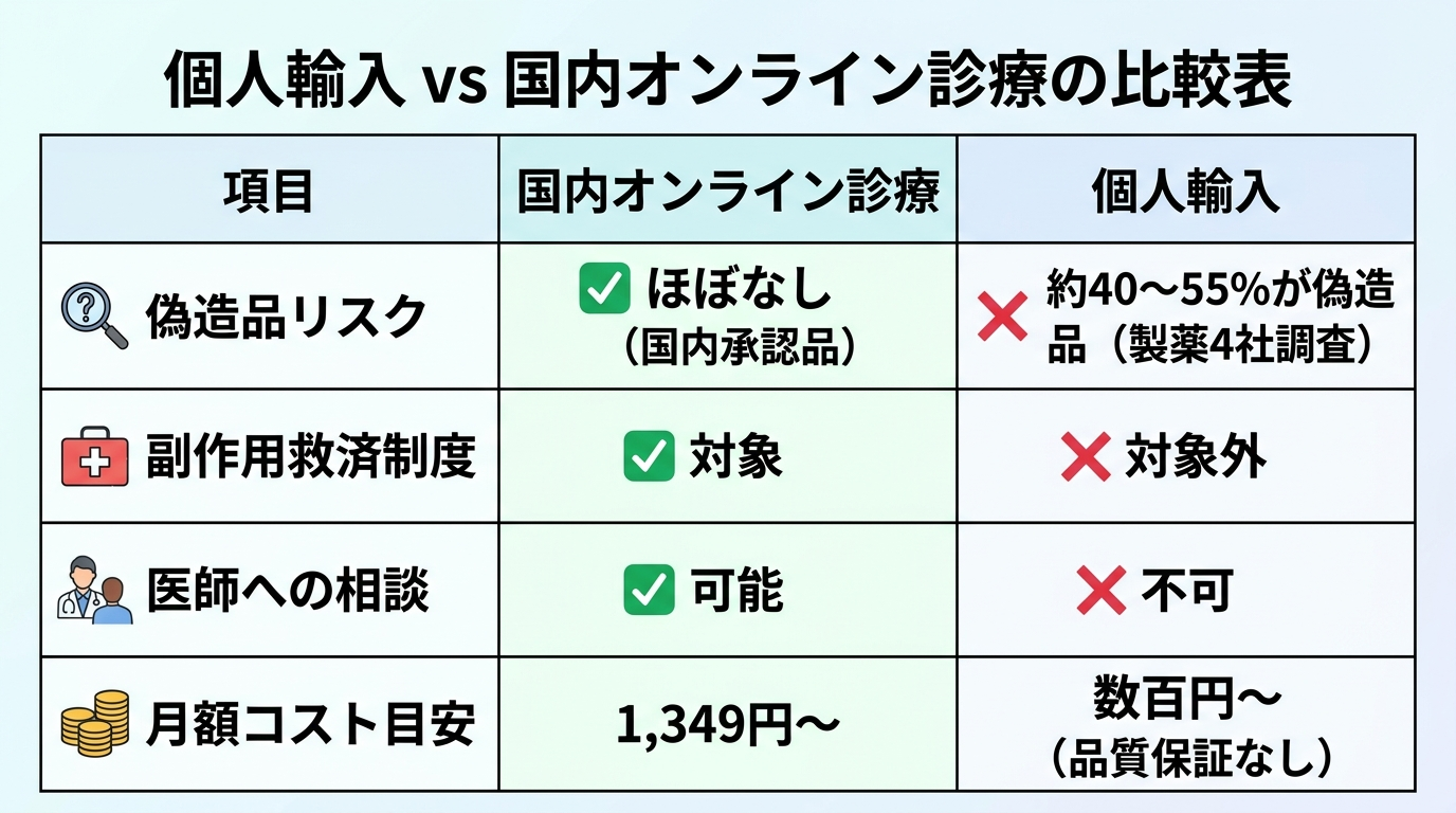 タイトル: 個人輸入 vs 国内オンライン診療の比較表。4列構成の表: ヘッダー行: 項目 | 国内オンライン診療 | 個人輸入。行1: 偽造品リスク | 国内承認品で品質管理あり | 品質保証なし・偽造品混入リスクあり。行2: 副作用救済制度 | 対象 | 対象外。行3: 医師への相談 | 可能 | 不可。行4: 月額コスト目安 | 1,349円〜 | 数百円〜（品質保証なし）。