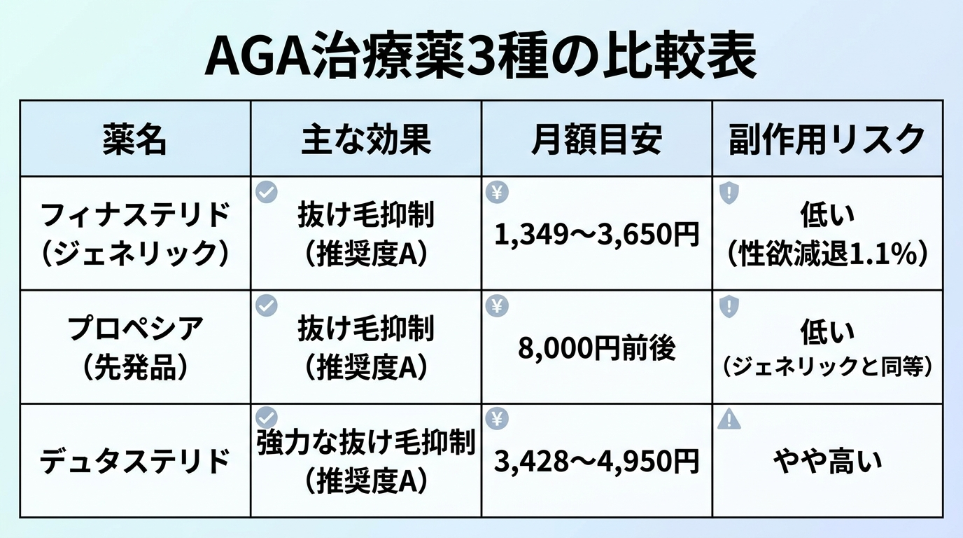 タイトル: AGA治療薬3種の比較表。4列構成の表: ヘッダー行: 薬名 | 主な効果 | 月額目安 | 副作用リスク。行1: フィナステリド（ジェネリック） | 抜け毛抑制（推奨度A） | 1,349〜3,650円 | 低い（性欲減退1.1%）。行2: プロペシア（先発品） | 抜け毛抑制（推奨度A） | 8,000円前後 | 低い（ジェネリックと同等）。行3: デュタステリド | 強力な抜け毛抑制（推奨度A） | 3,428〜4,950円 | やや高い。