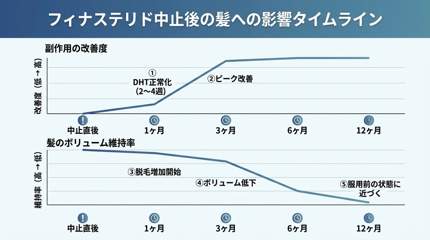 タイトル: フィナステリド中止後の髪への影響タイムライン。横軸: 中止直後 → 1ヶ月 → 3ヶ月 → 6ヶ月 → 12ヶ月。2段構成の折れ線グラフ。上段（副作用の改善度）: 中止直後から徐々に上昇し、1〜3ヶ月でピーク改善、6ヶ月でほぼ完全回復。下段（髪のボリューム維持率）: 中止直後は変化なし、1〜3ヶ月で微減、3〜6ヶ月で明確に低下、6〜12ヶ月で服用前水準に近づく。各ポイントに注釈: 「DHT正常化（2〜4週）」「脱毛増加開始」「ボリューム低下」「服用前の状態に近づく」