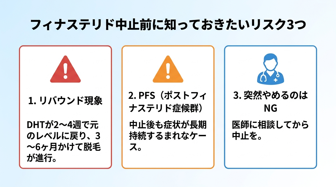 タイトル: フィナステリド中止前に知っておきたいリスク3つ。横並び3カード: カード1（警告アイコン・赤）: リバウンド現象 — DHTが2〜4週で元のレベルに戻り、3〜6ヶ月かけて脱毛が進行。カード2（注意アイコン・オレンジ）: PFS（ポストフィナステリド症候群） — 中止後も症状が長期持続するまれなケース。カード3（医師アイコン・青）: 突然やめるのはNG — 医師に相談してから中止を。