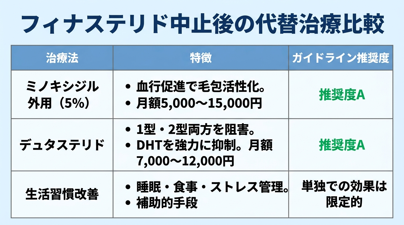タイトル: フィナステリド中止後の代替治療比較。3列の表: ヘッダー行: 治療法 | 特徴 | ガイドライン推奨度。行1: ミノキシジル外用（5%） | 血行促進で毛包活性化。月額5,000〜15,000円 | 推奨度A。行2: デュタステリド | 1型・2型両方を阻害。DHTを強力に抑制。月額7,000〜12,000円 | 推奨度A。行3: 生活習慣改善 | 睡眠・食事・ストレス管理。補助的手段 | 単独での効果は限定的。