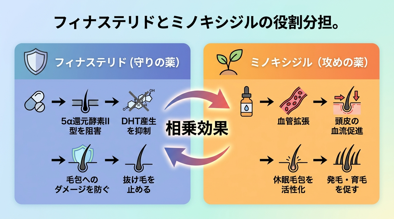 タイトル: フィナステリドとミノキシジルの役割分担。横並び2カードのイラスト。カード1（盾アイコン）ヘッダー: フィナステリド（守りの薬）、説明: 5α還元酵素II型を阻害 → DHT産生を抑制 → 毛包へのダメージを防ぐ → 抜け毛を止める。カード2（芽吹きアイコン）ヘッダー: ミノキシジル（攻めの薬）、説明: 血管拡張 → 頭皮の血流促進 → 休眠毛包を活性化 → 発毛・育毛を促す。中央に「相乗効果」の矢印。