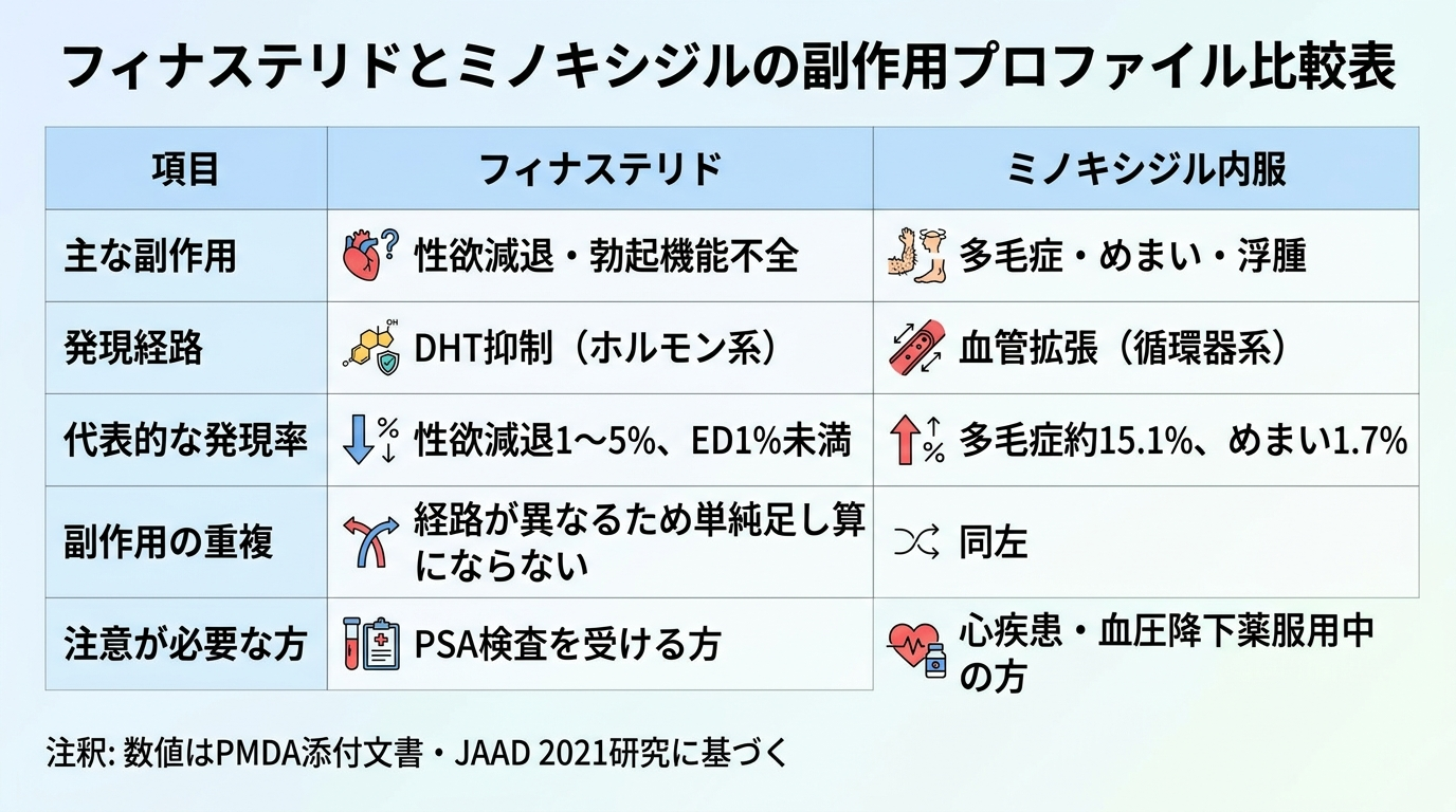 タイトル: フィナステリドとミノキシジルの副作用プロファイル比較表。3列の表。ヘッダー行: 項目 | フィナステリド | ミノキシジル内服。行1: 主な副作用 | 性欲減退・勃起機能不全 | 多毛症・めまい・浮腫。行2: 発現経路 | DHT抑制（ホルモン系） | 血管拡張（循環器系）。行3: 代表的な発現率 | 性欲減退1〜5%、ED1%未満 | 多毛症約15.1%、めまい1.7%。行4: 副作用の重複 | 経路が異なるため単純足し算にならない | 同左。行5: 注意が必要な方 | PSA検査を受ける方 | 心疾患・血圧降下薬服用中の方。フッター注釈: 数値はPMDA添付文書・JAAD 2021研究に基づく