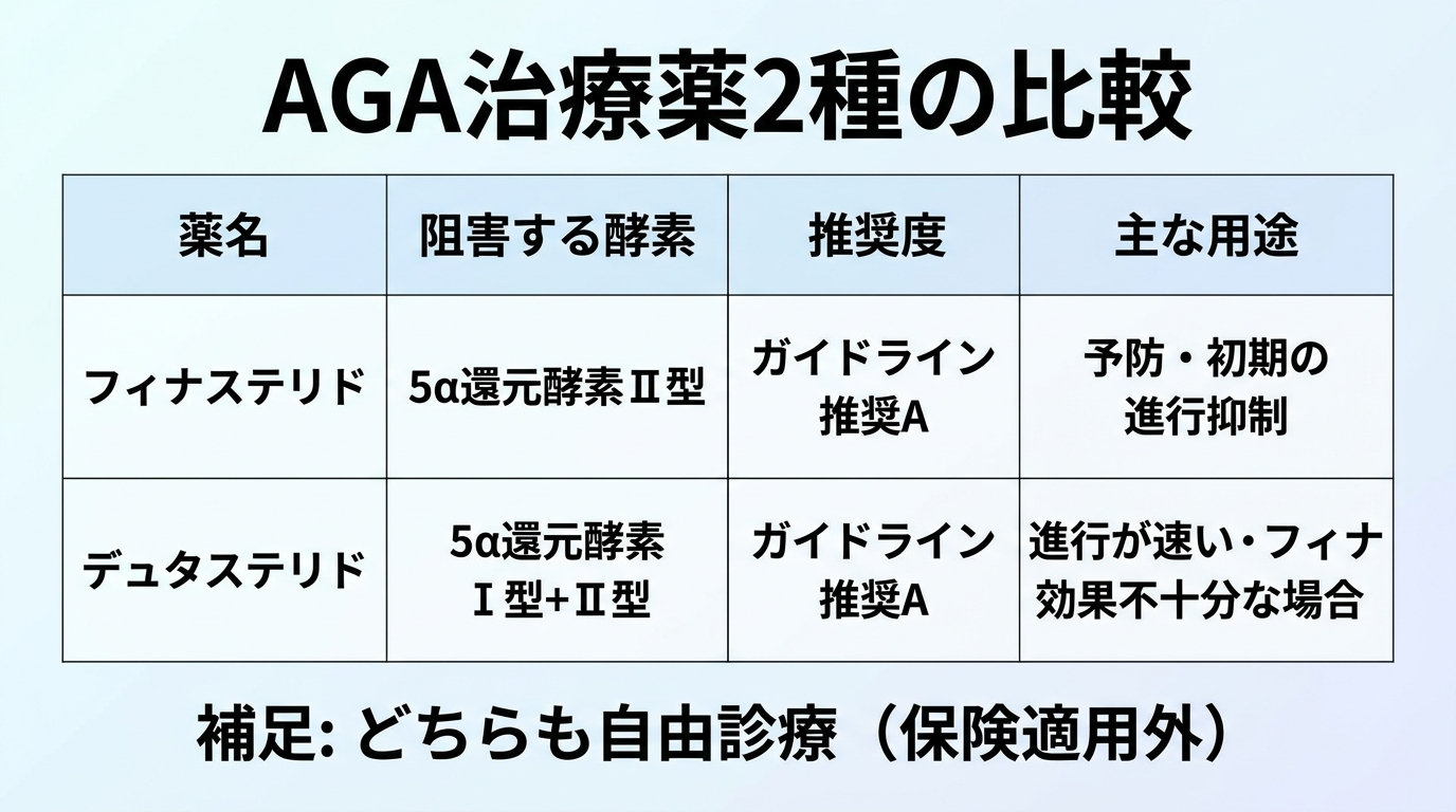 タイトル: AGA治療薬2種の比較。4列の表: ヘッダー行: 薬名 | 阻害する酵素 | 推奨度 | 主な用途。行1: フィナステリド | 5α還元酵素Ⅱ型 | ガイドライン推奨A | 予防・初期の進行抑制。行2: デュタステリド | 5α還元酵素Ⅰ型+Ⅱ型 | ガイドライン推奨A | 進行が速い・フィナ効果不十分な場合。補足: どちらも自由診療(保険適用外)