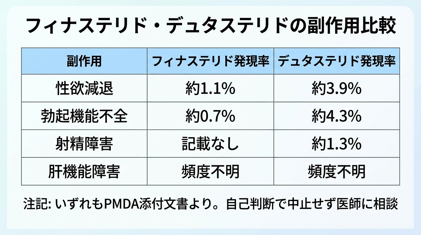 タイトル: フィナステリド・デュタステリドの副作用比較。3列の表: ヘッダー行: 副作用 | フィナステリド発現率 | デュタステリド発現率。行1: 性欲減退 | 約1.1% | 約3.9%。行2: 勃起機能不全 | 約0.7% | 約4.3%。行3: 射精障害 | 記載なし | 約1.3%。行4: 肝機能障害 | 頻度不明 | 頻度不明。注記: いずれもPMDA添付文書より。自己判断で中止せず医師に相談