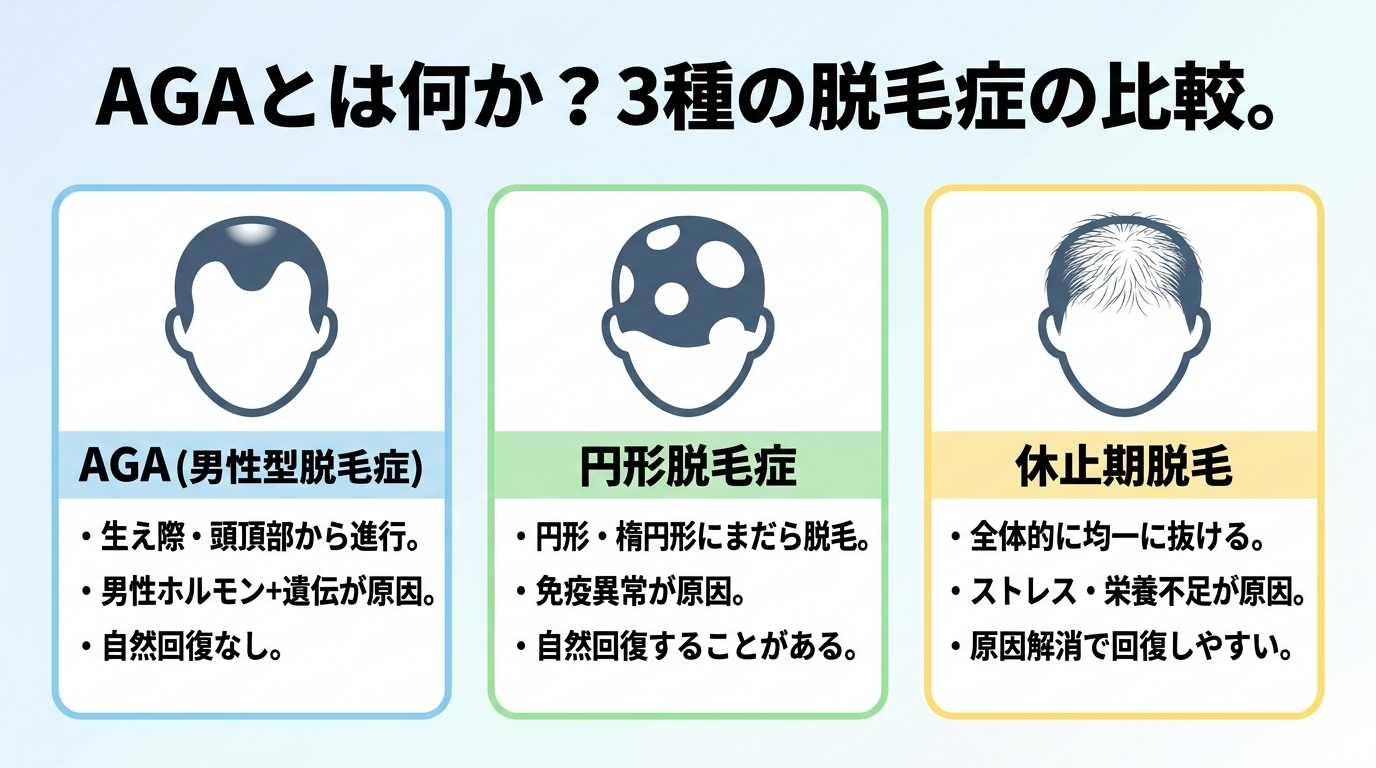 タイトル: AGAとは何か?3種の脱毛症の比較。横並び3カードで: カード1(M字型薄毛のシルエットアイコン)ヘッダー: AGA(男性型脱毛症)、説明: 生え際・頭頂部から進行。男性ホルモン+遺伝が原因。自然回復なし。カード2(円形の脱毛パターンアイコン)ヘッダー: 円形脱毛症、説明: 円形・楕円形にまだら脱毛。免疫異常が原因。自然回復することがある。カード3(全体的に薄い頭のシルエットアイコン)ヘッダー: 休止期脱毛、説明: 全体的に均一に抜ける。ストレス・栄養不足が原因。原因解消で回復しやすい。