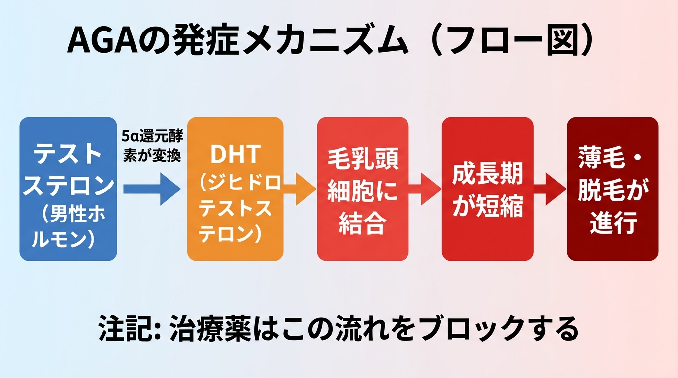 タイトル: AGAの発症メカニズム(フロー図)。左から右へ矢印でつながる5つのボックス: ボックス1(青): テストステロン(男性ホルモン)。矢印の上に「5α還元酵素が変換」と記載。ボックス2(オレンジ): DHT(ジヒドロテストステロン)。矢印。ボックス3(赤): 毛乳頭細胞に結合。矢印。ボックス4(赤): 成長期が短縮。矢印。ボックス5(濃い赤): 薄毛・脱毛が進行。下部に注記: 「治療薬はこの流れをブロックする」