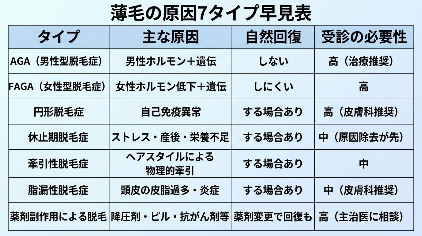 タイトル: 薄毛の原因7タイプ早見表。7行の表: ヘッダー行: タイプ | 主な原因 | 自然回復 | 受診の必要性。行1: AGA（男性型脱毛症） | 男性ホルモン＋遺伝 | しない | 高（治療推奨）。行2: FAGA（女性型脱毛症） | 女性ホルモン低下＋遺伝 | しにくい | 高。行3: 円形脱毛症 | 自己免疫異常 | する場合あり | 高（皮膚科推奨）。行4: 休止期脱毛症 | ストレス・産後・栄養不足 | する場合あり | 中（原因除去が先）。行5: 牽引性脱毛症 | ヘアスタイルによる物理的牽引 | する場合あり | 中。行6: 脂漏性脱毛症 | 頭皮の皮脂過多・炎症 | する場合あり | 中（皮膚科推奨）。行7: 薬剤副作用による脱毛 | 降圧剤・ピル・抗がん剤等 | 薬剤変更で回復も | 高（主治医に相談）