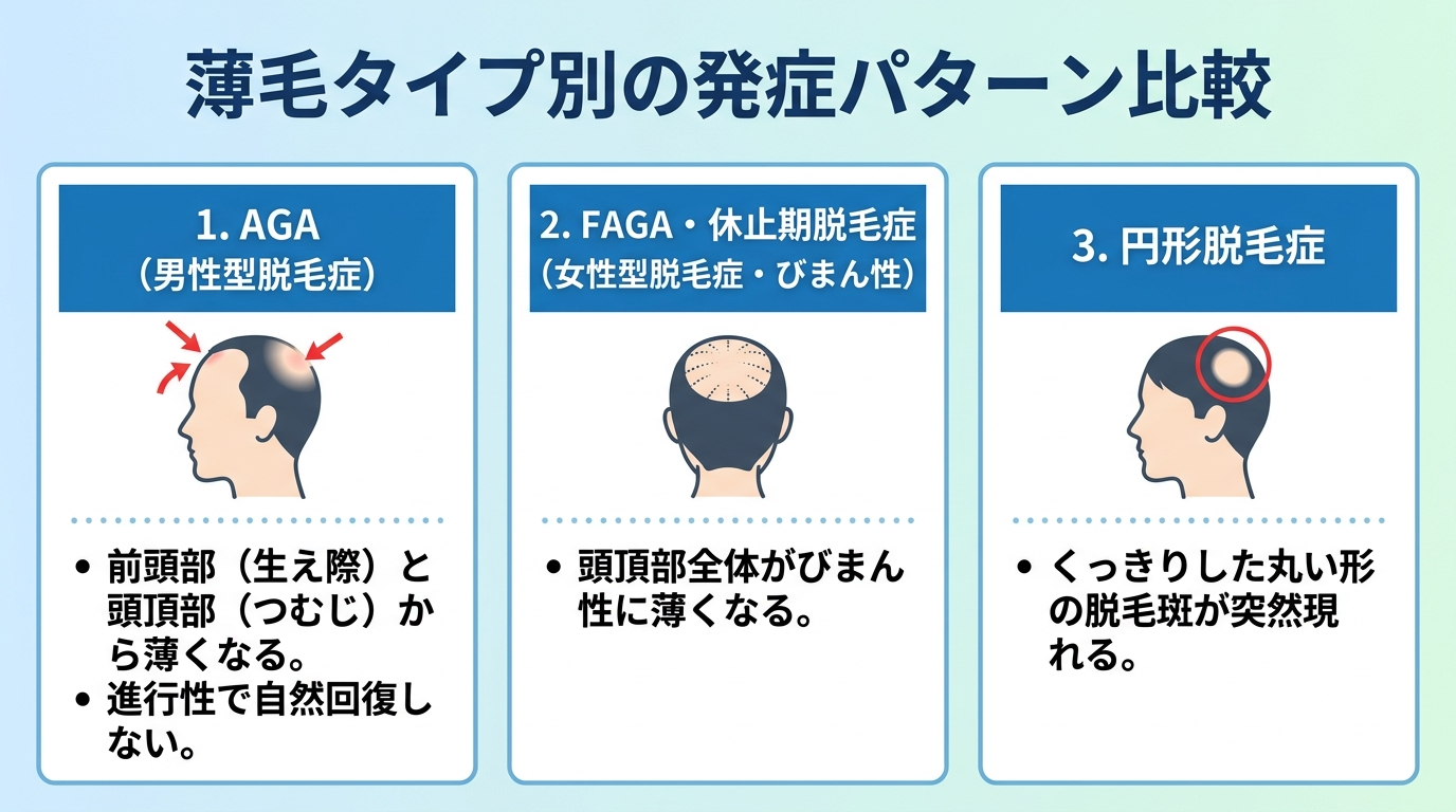 タイトル: 薄毛タイプ別の発症パターン比較。横並び3カードで構成。カード1（前頭部・頭頂部のシルエット）ヘッダー: AGA、説明: 前頭部（生え際）と頭頂部（つむじ）から薄くなる。進行性で自然回復しない。カード2（頭頂部全体のシルエット）ヘッダー: FAGA・休止期脱毛症、説明: 頭頂部全体がびまん性に薄くなる。カード3（丸い脱毛斑のシルエット）ヘッダー: 円形脱毛症、説明: くっきりした丸い形の脱毛斑が突然現れる