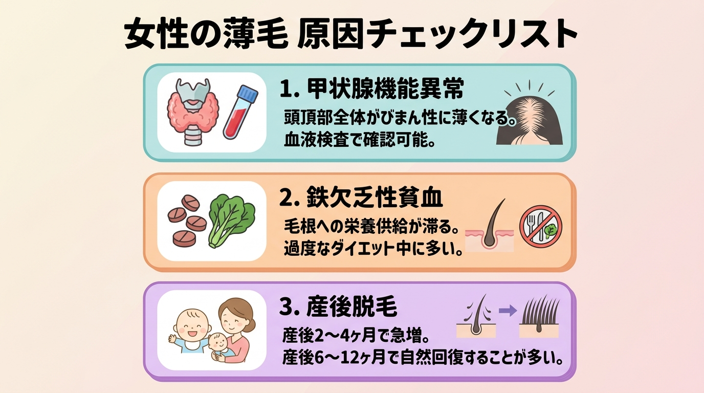 タイトル: 女性の薄毛 原因チェックリスト。縦並び3項目カード。カード1（甲状腺のアイコン）: 甲状腺機能異常 — 頭頂部全体がびまん性に薄くなる。血液検査で確認可能。カード2（鉄分のアイコン）: 鉄欠乏性貧血 — 毛根への栄養供給が滞る。過度なダイエット中に多い。カード3（赤ちゃんのアイコン）: 産後脱毛 — 産後2〜4ヶ月で急増。産後6〜12ヶ月で自然回復することが多い