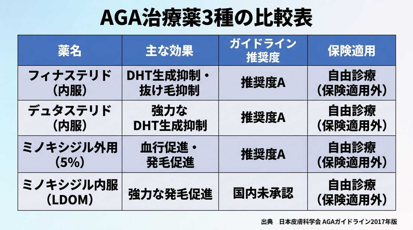 タイトル: AGA治療薬3種の比較表。4列の表。ヘッダー行: 薬名 | 主な効果 | ガイドライン推奨度 | 保険適用。行1: フィナステリド（内服） | DHT生成抑制・抜け毛抑制 | 推奨度A | 自由診療（保険適用外）。行2: デュタステリド（内服） | 強力なDHT生成抑制 | 推奨度A | 自由診療（保険適用外）。行3: ミノキシジル外用（5%） | 血行促進・発毛促進 | 推奨度A | 自由診療（保険適用外）。行4: ミノキシジル内服（LDOM） | 強力な発毛促進 | 国内未承認 | 自由診療（保険適用外）。下部注記: 出典 日本皮膚科学会 AGAガイドライン2017年版