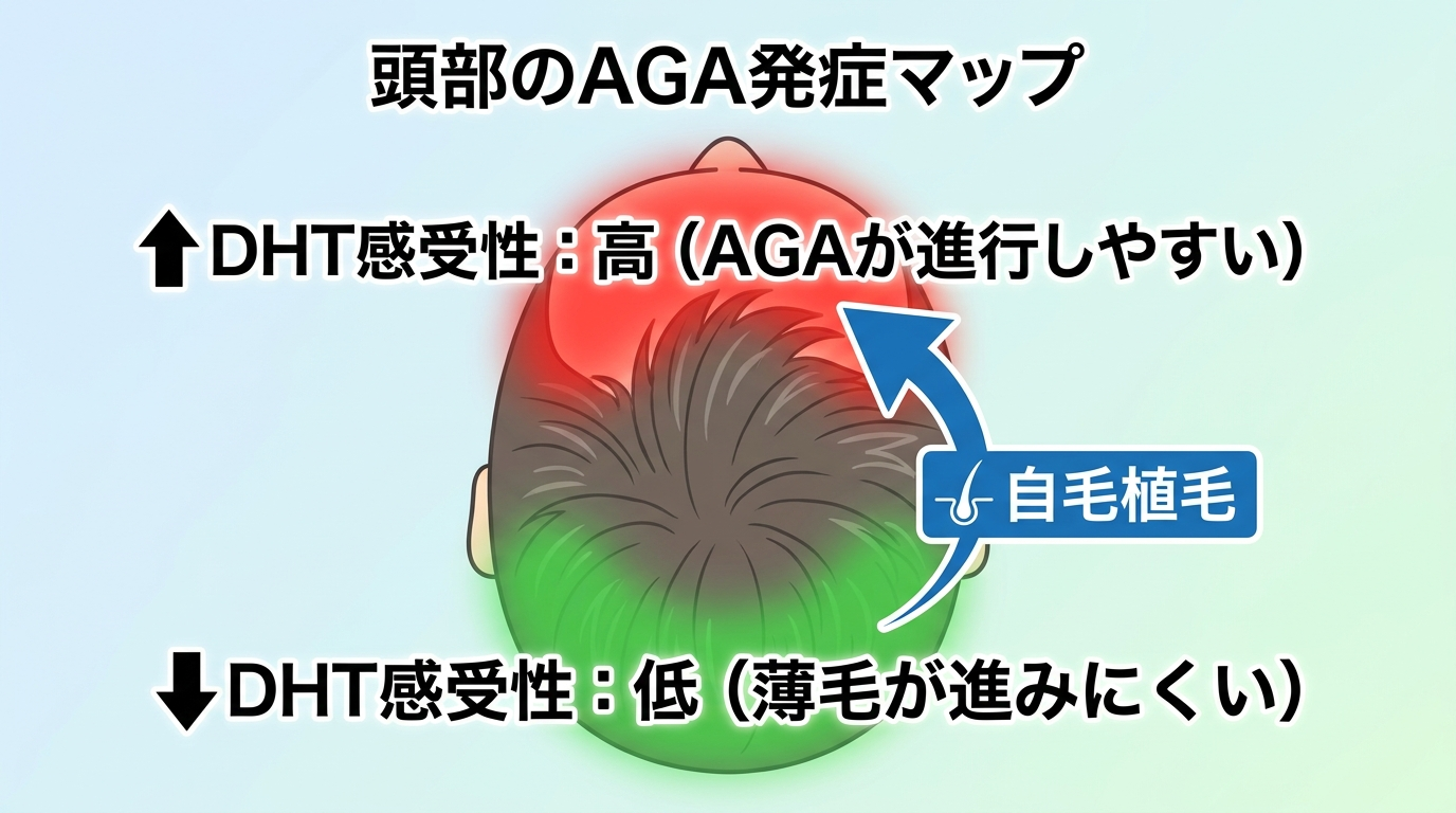 タイトル: 頭部のAGA発症マップ。頭部を上から見た図。前頭部・頭頂部を赤くハイライトし「DHT感受性：高（AGAが進行しやすい）」と記載。後頭部・側頭部を緑でハイライトし「DHT感受性：低（薄毛が進みにくい）」と記載。自毛植毛の矢印を後頭部から前頭部へ向けて表示