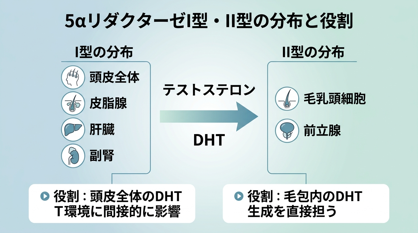 タイトル: 5αリダクターゼI型・II型の分布と役割。左列: I型の分布図（頭皮全体・皮脂腺・肝臓・副腎をアイコンで表示）、役割「頭皮全体のDHT環境に間接的に影響」。右列: II型の分布図（毛乳頭細胞・前立腺をアイコンで表示）、役割「毛包内のDHT生成を直接担う」。中央: テストステロン→DHT変換の矢印